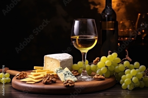  a glass of wine, cheese, nuts, and grapes on a wooden platter with a bottle of wine and a bunch of grapes on the side of grapes.