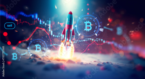 Rocket flying, bitcoin graph and growing lines. Ai generative illustration photo