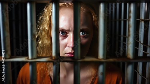 Close-up photo of a young woman in prison uniform behind bars in dark prison for criminal acts leaving free life. Fair punishment of perpetrator for prohibited events. Woman angry face and hatred of