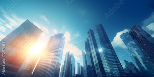 business and financial skyscraper buildings concept.Low angle view and lens flare of skyscrapers modern office building city in business center with blue sky.