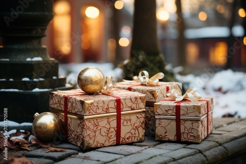 a group of wrapped presents sitting on top of a brick floor next to a statue of a person in a suit and tie and a christmas ornament with a red ribbon and gold ornament.