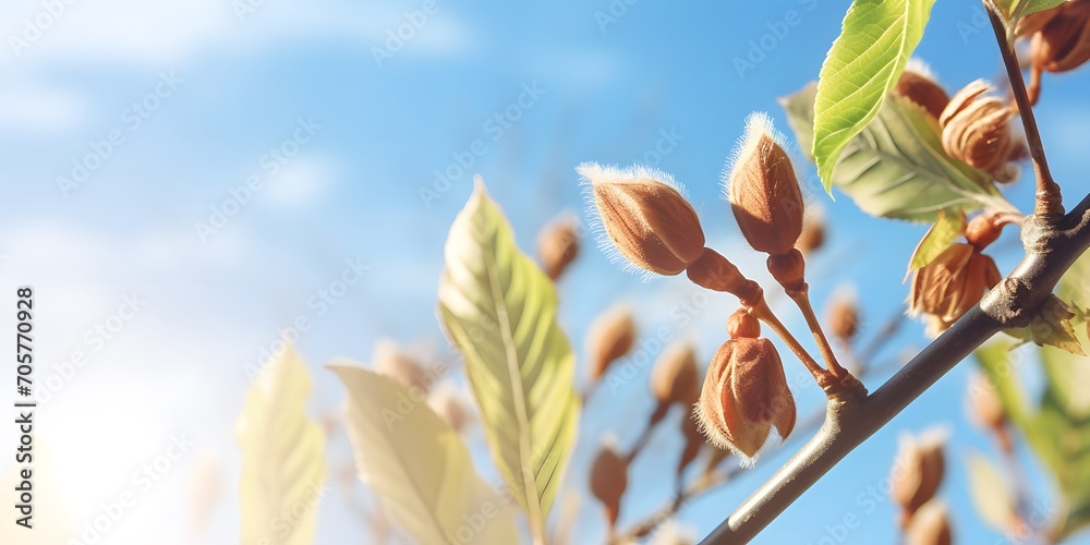 chestnut bud opens in spring on blue sky background, sunshine on chestnut tree closeup, chestnut extract against venous disorders and rheumatism for pharmacy concept with text space  - obrazy, fototapety, plakaty 