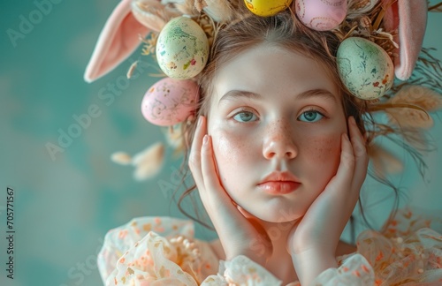  Bunny Sunshine: Scene featuring the radiant joy of the girl with rabbit ears, bathed in the sunshine of vibrant spring colors, holding Easter eggs in a delightful setting.