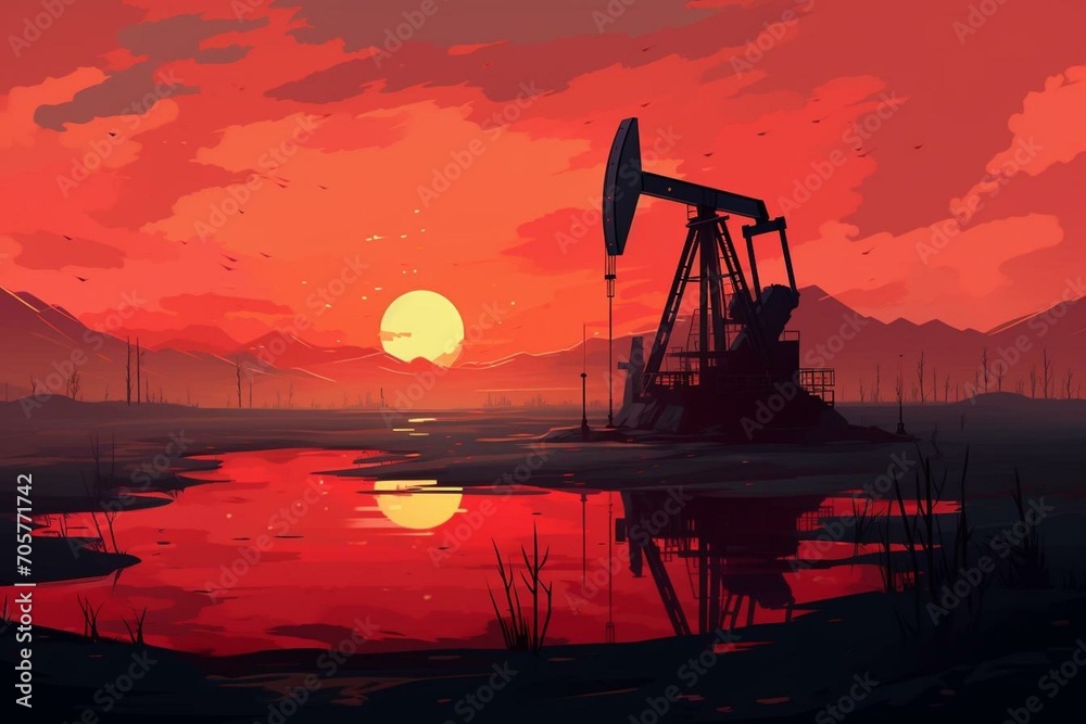 Ilustración de un pozo petrolífero al atardecer. Generative AI