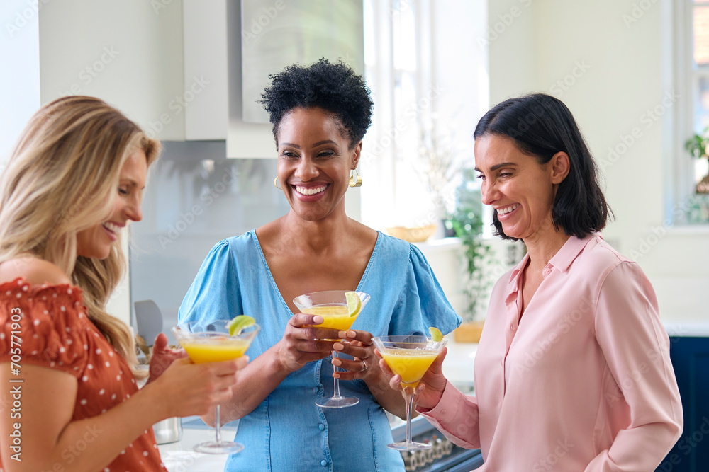 Three Mature Female Friends At Home Having Fun Mixing And Drinking Cocktails Together Three Mature Female Friends At Home Having Fun Mixing And Drinking Cocktails Together