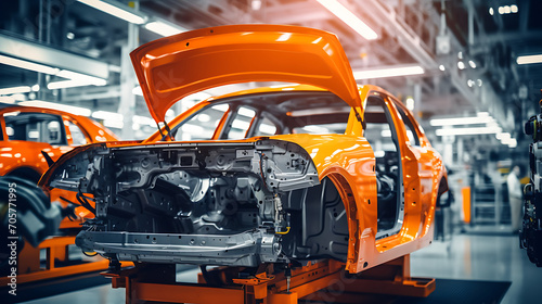 Component Installation and Quality Control of body car assembly. Fully Automated car assembly Line Equipped with High Precision Robot Arms at Car Factory