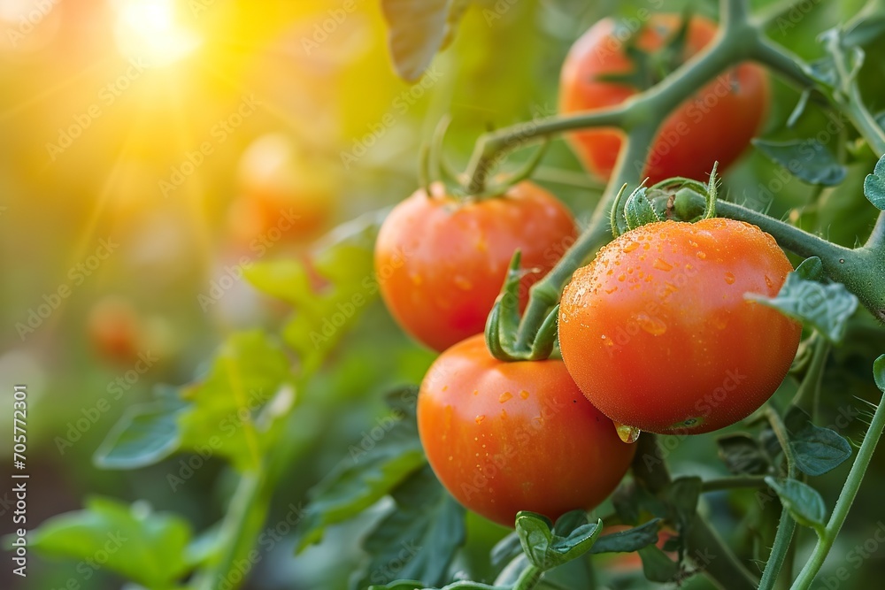 Close-up tomatoes in the garden at sunrise