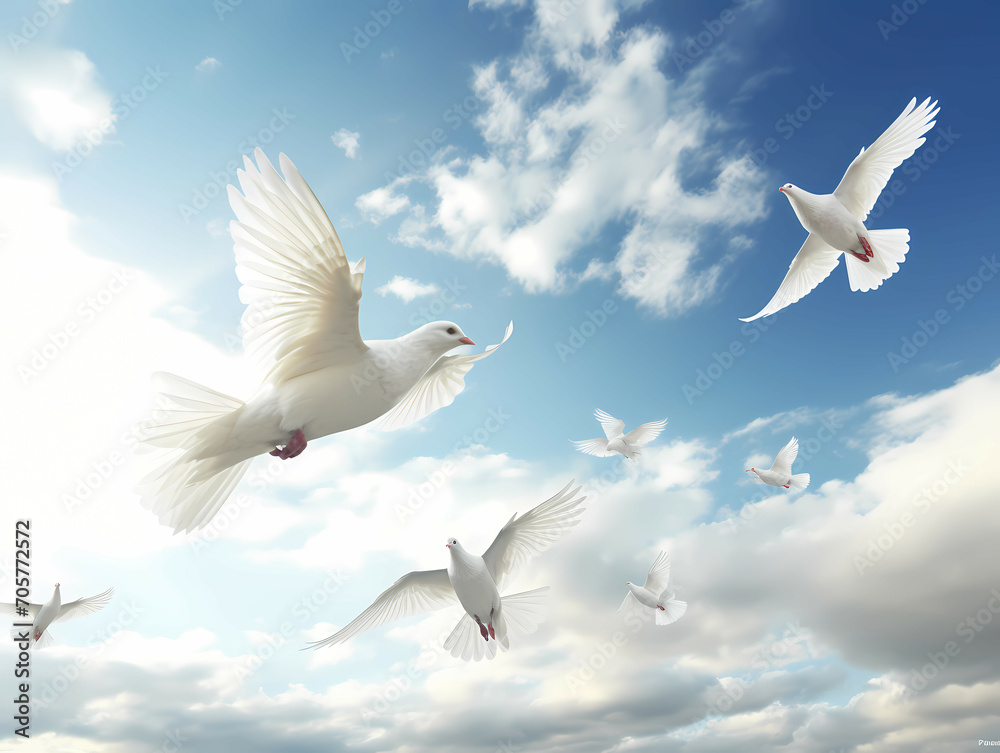 Fototapeta premium A Flock Of White Doves Flying, A Group Of White Birds Flying In The Sky