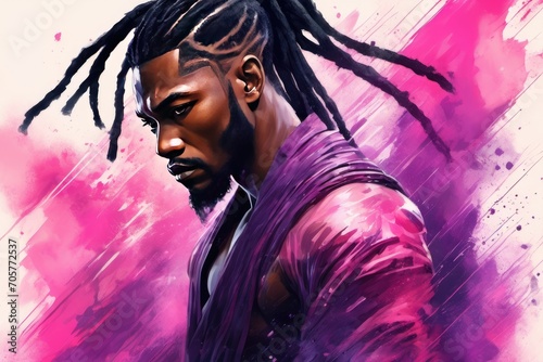 Dreadlock dynamism: Muscular black man surrounded by lively paint colors.