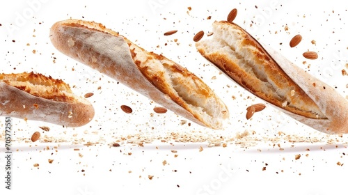 Cutting fresh baked loaf wheat baguette bread with crumbs and seeds flying isolated on white background.  photo