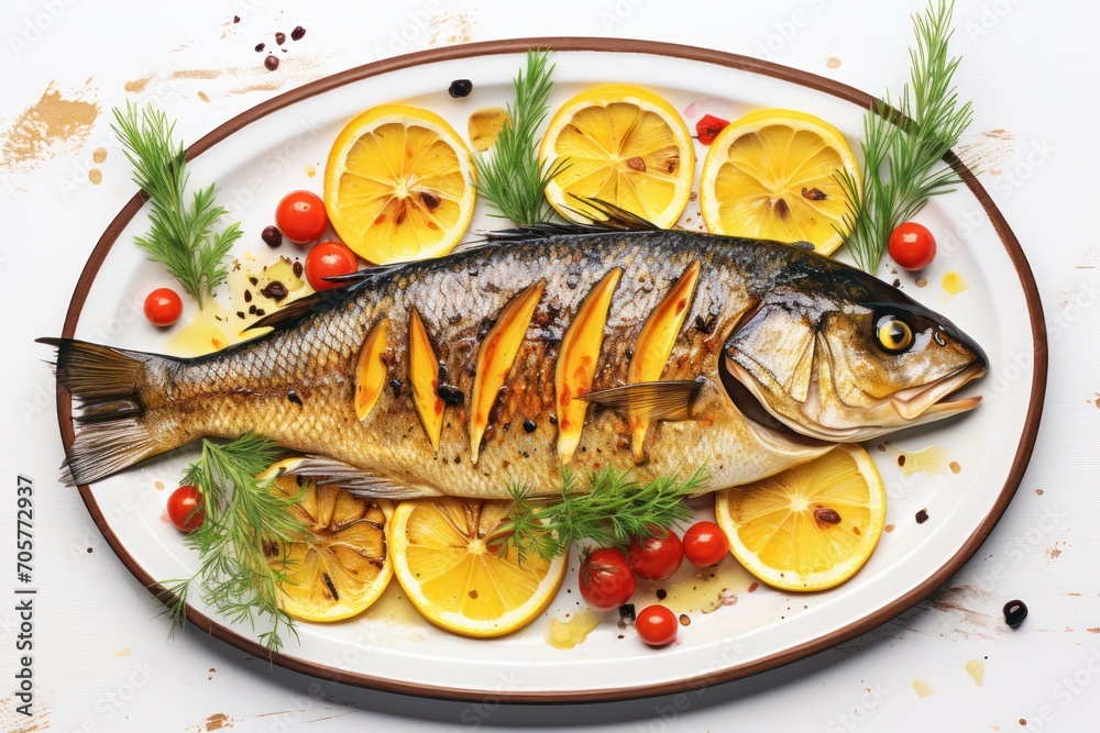 a fish on a plate with lemons, tomatoes, and dill garnishes on a white plate with a brown border and brown trim around the edges.