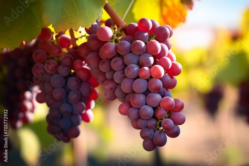 Soft focus image of a red bunch of grapes with shallow depth of field and blurred surroundings creating a vineyard atmosphere