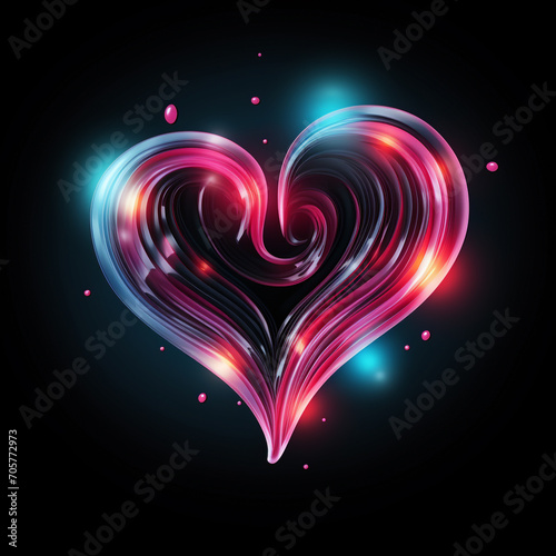  Love abstract art symbol that is a combination of lines and objects and is neon colored. Black background.