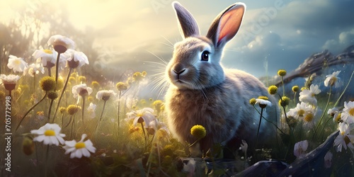 easter bunny in the spring meadow photo