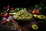  a bowl of guacamole sits on a table surrounded by sliced avocado, red peppers, red onion, red peppers, and cilantro peppers.