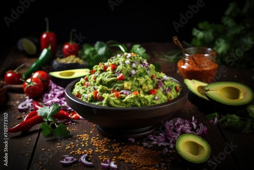  a bowl of guacamole sits on a table surrounded by sliced avocado, red peppers, red onion, red peppers, and cilantro peppers.