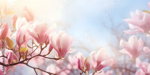 flowering magnolia blossom on sunny spring background, close-up of beautiful springtime flora, floral easter background concept with copy space