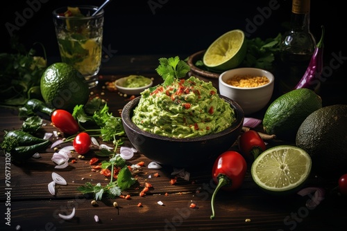  a bowl of guacamole surrounded by limes, tomatoes, cilantro, lime wedges, limes, limes, and other ingredients.