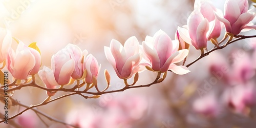 flowering magnolia blossom on sunny spring background  close-up of beautiful springtime flora  floral easter background concept with copy space