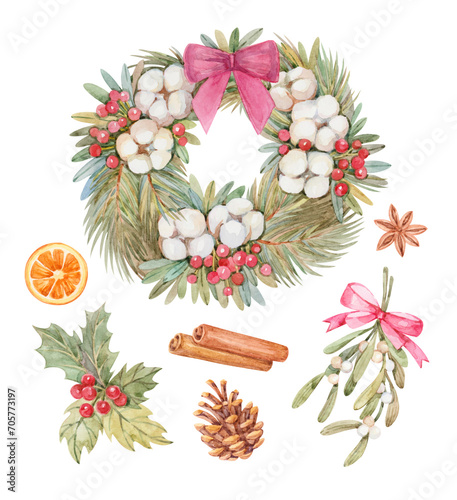 Wallpaper Mural New Year, Christmas set of watercolor illustrations: Christmas wreath with fir branches and cotton, sprigs of mistletoe, spices. Torontodigital.ca