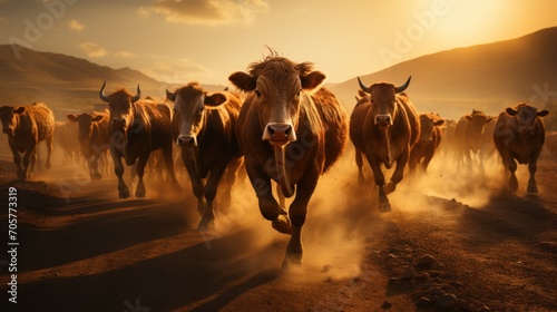  a herd of cattle running down a dirt road in front of a mountain range with the sun shining on the mountains in the backgrould, with dust in the foreground. photo