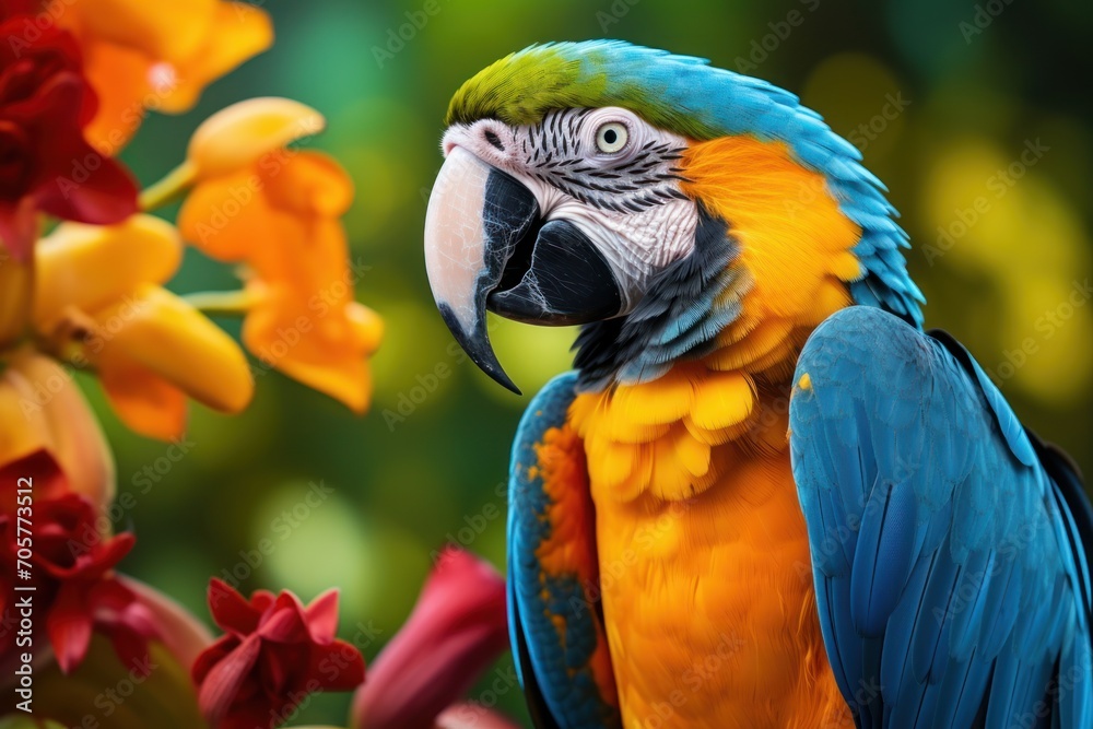  a blue and yellow parrot sitting on top of a tree next to red and yellow flowers and a green and yellow plant with red and yellow flowers in the background.