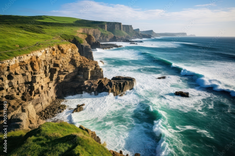 a large body of water next to a cliff on top of a lush green hillside next to a large body of water on top of a lush green grass covered hillside. a large body of water next to a cliff on top of a lush green hillside next to a large body of water on top of a lush green grass covered hillside.