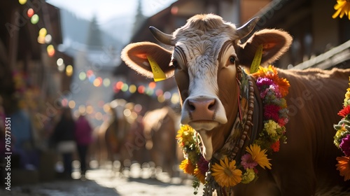 Swiss Alpine Festival, Cows Floral Coronation, Alpine Tradition, Floral Adornments, Mountain Celebration, Cultural Festivity, Traditional Swiss Event, Cattle and Flowers