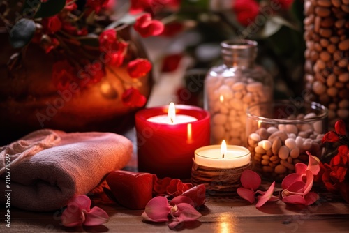  a couple of candles sitting on top of a table next to a vase filled with flowers and a towel on top of a table next to a vase with flowers.