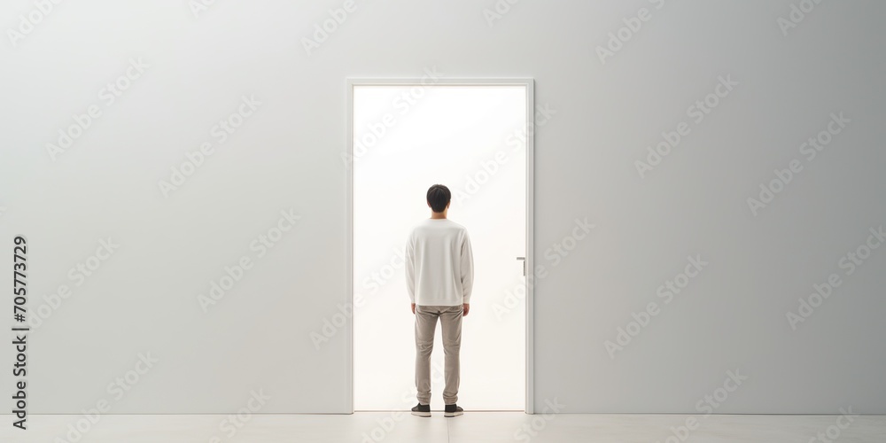Rear view of man positioned by an open door, minimalistic , concept of Abstract Rear view of man positioned by an open door, minimalistic , concept of Abstract