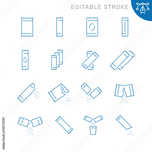 Vector line set of icons related with sachet. Contains monochrome icons like sachet, sugar, bag, salt, stick and more. Simple outline sign. Editable stroke. photo