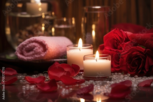  a couple of candles sitting on top of a table next to a bunch of red roses and a pink towel on top of a table next to a couple of candles.
