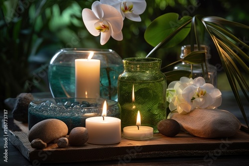  a table topped with a vase filled with white flowers and two lit candles next to rocks and a vase filled with white flowers and a green vase filled with water.