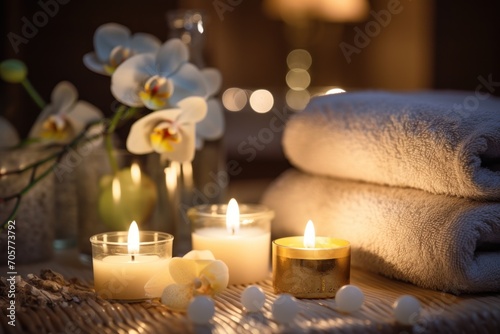  a couple of candles sitting on top of a table next to a vase filled with flowers and two candles on top of a table next to a couple of towels.