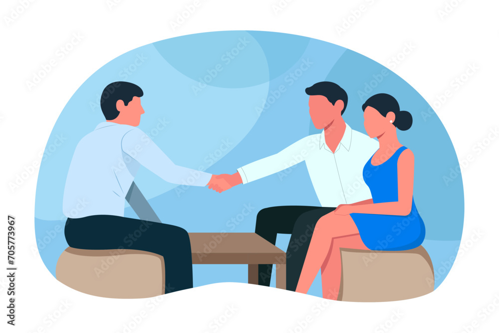 Business man shaking hand. Business partners closing deal. Hiring and cooperation concept. Meeting of business people. Flat vector illustration. Business man shaking hand. Business partners closing deal. Hiring and cooperation concept. Meeting of business people. Flat vector illustration.