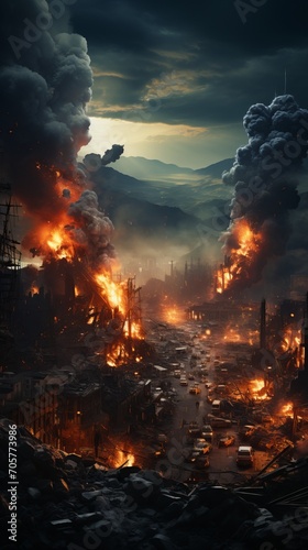 War concept. Apocalyptic cityscape with burning buildings, burnt-out vehicles and ruined roads.