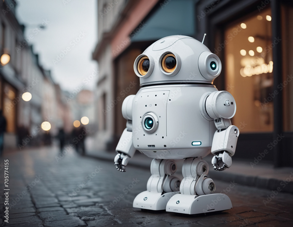 Fototapeta premium cute robot with round eyes on street