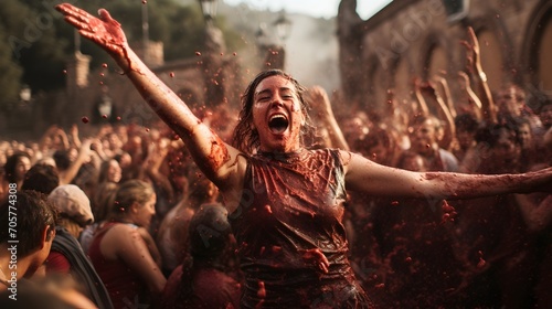 Candid Shot of Haro Wine Festival Wine Battle, Spain, Wine Splashing, Festive Revelry, Spanish Tradition