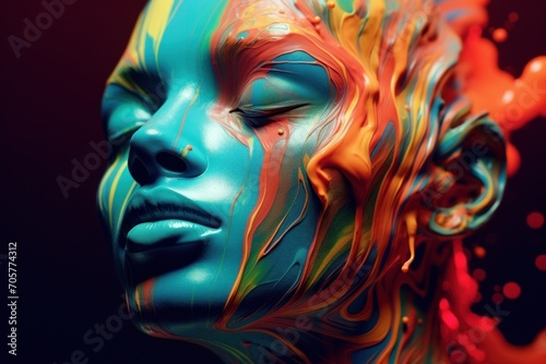  a close up of a woman's face with colorful paint all over her face and the image of a woman's face is painted in blue and orange and red.