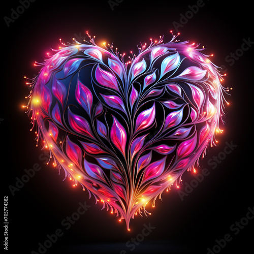 
Love abstract art symbol that is a combination of lines and objects and is neon colored. Black background. photo