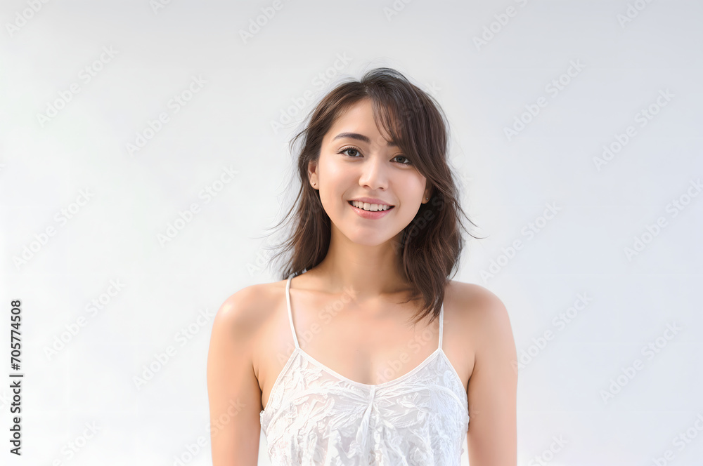 Portrait of Beautiful Asian Woman with her Smooth skin look at camera on White background in Studio light. generative AI. Portrait of Beautiful Asian Woman with her Smooth skin look at camera on White background in Studio light. generative AI.