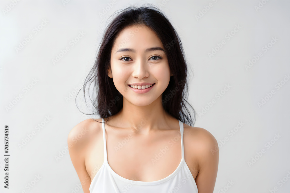 Portrait of Beautiful Asian Woman with her Smooth skin look at camera on White background in Studio light. generative AI. Portrait of Beautiful Asian Woman with her Smooth skin look at camera on White background in Studio light. generative AI.