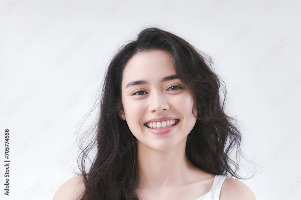 Portrait of Beautiful Asian Woman with her Smooth skin look at camera on White background in Studio light. generative AI. Portrait of Beautiful Asian Woman with her Smooth skin look at camera on White background in Studio light. generative AI.