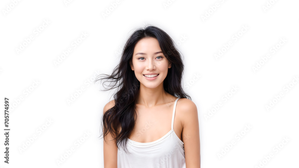 Portrait of Beautiful Asian Woman with her Smooth skin look at camera on White background in Studio light. generative AI. Portrait of Beautiful Asian Woman with her Smooth skin look at camera on White background in Studio light. generative AI.