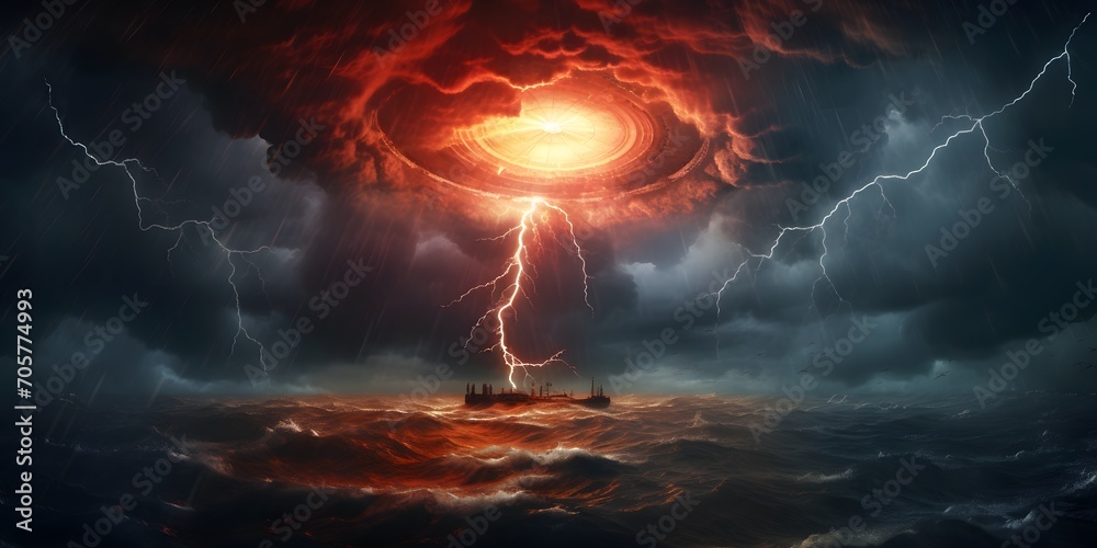 lightning in the cyclone, symbol for impending doom, disaster is coming, concept with copy space - obrazy, fototapety, plakaty 