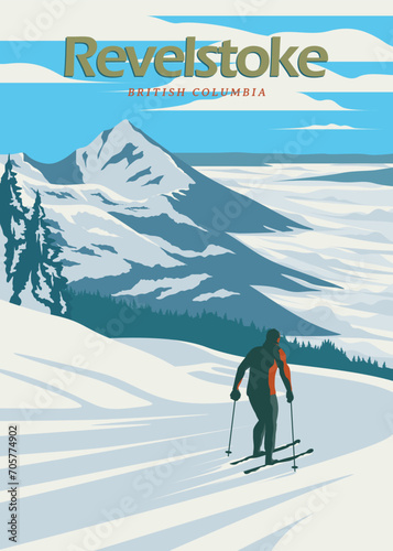 revelstoke mountain ski resort vintage poster background design, british columbia canada travel poster design photo