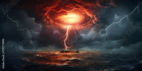 lightning in the cyclone, symbol for impending doom, disaster is coming, concept with copy space photo