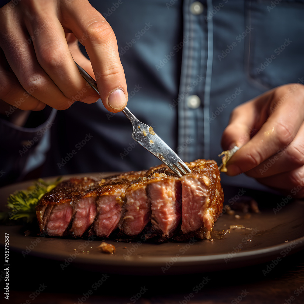 Close up a man eating a meal of seared tuna steak with fork and knife.