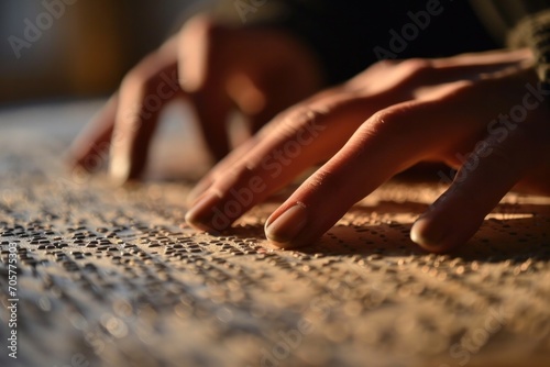 Close-up of a visually impaired person reading Braille, emphasizing tactile sensation and concentration
