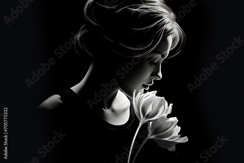  a black and white photo of a woman with a flower in her hand and a black background with the image of a woman holding a flower in her left hand.